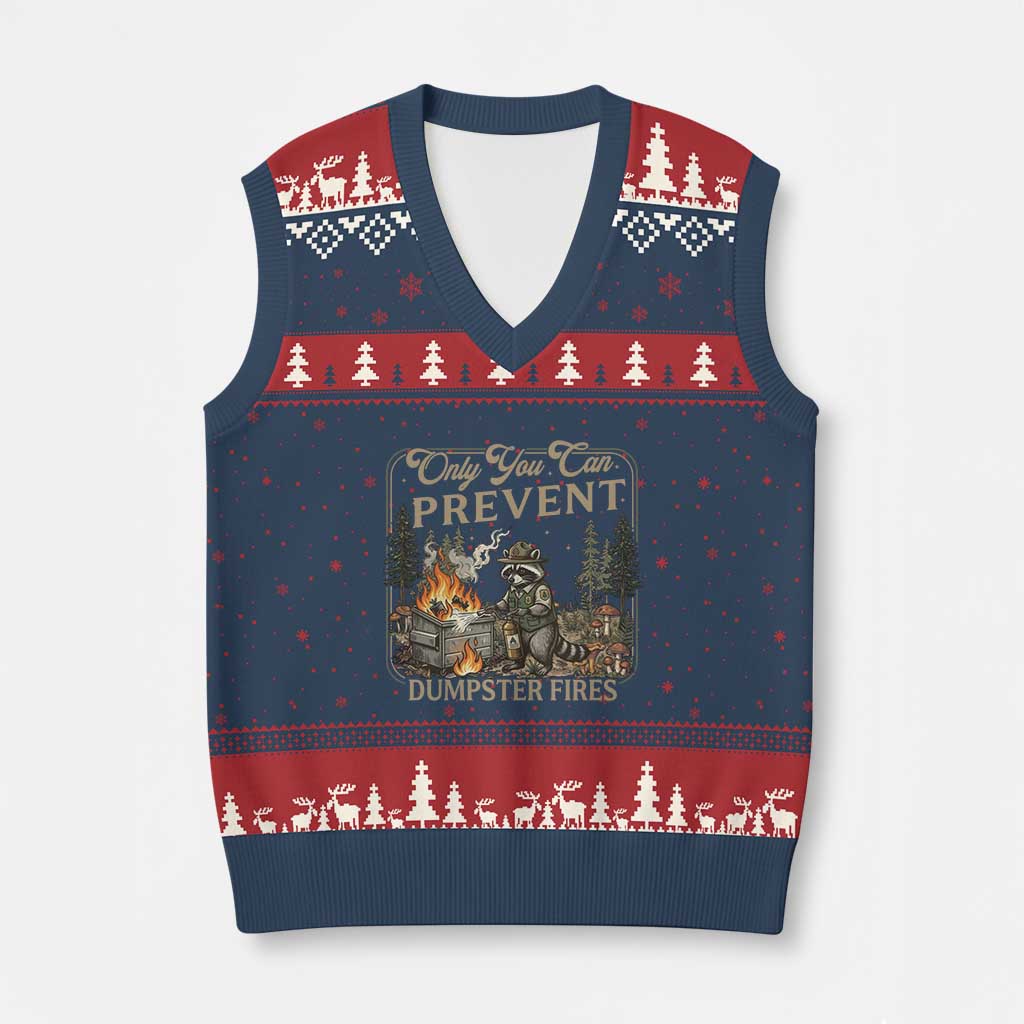 Only You Can Prevent Dumpster Fires V-Neck Knit Sweater Vest Funny Raccoon Mental Health Meme TS14 Navy Red Print Your Wear