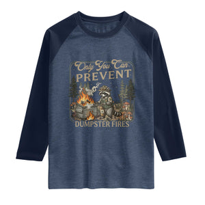 Only You Can Prevent Dumpster Fires Raglan Shirt Funny Raccoon Mental Health Meme TS14 Heather Denim Navy Print Your Wear