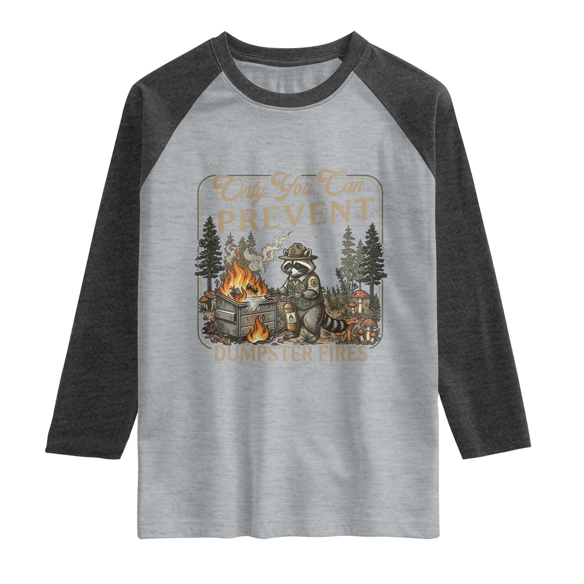 Only You Can Prevent Dumpster Fires Raglan Shirt Funny Raccoon Mental Health Meme TS14 Heather Gray Heather Charcoal Print Your Wear