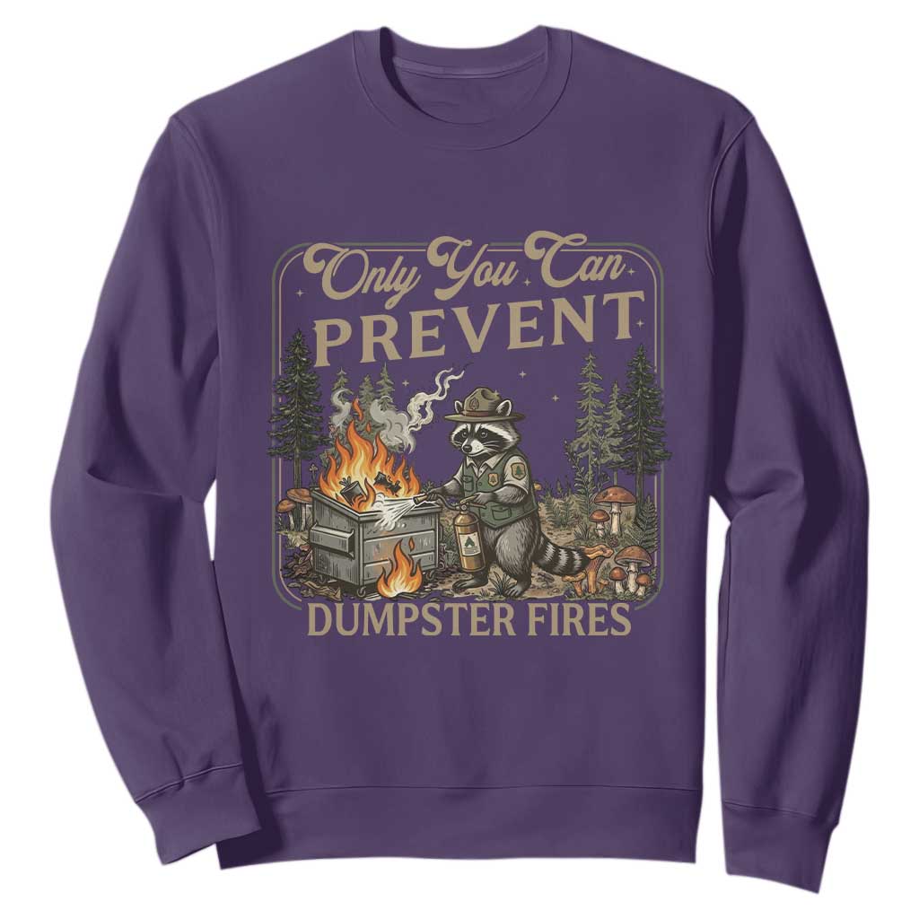 Only You Can Prevent Dumpster Fires Sweatshirt Funny Raccoon Mental Health Meme TS14 Purple Print Your Wear