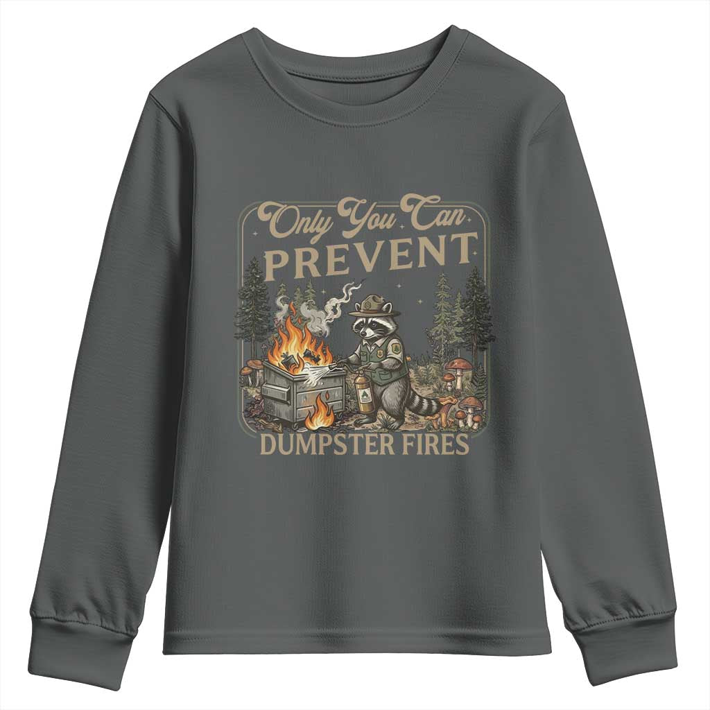 Only You Can Prevent Dumpster Fires Youth Sweatshirt Funny Raccoon Mental Health Meme TS14 Dark Heather Print Your Wear