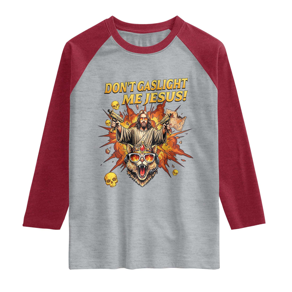 Don't Gaslight Me Jesus Raglan Shirt Funny Princess Cat Sci-Fi Book Lover TS14 Heather Gray Heather Red Print Your Wear