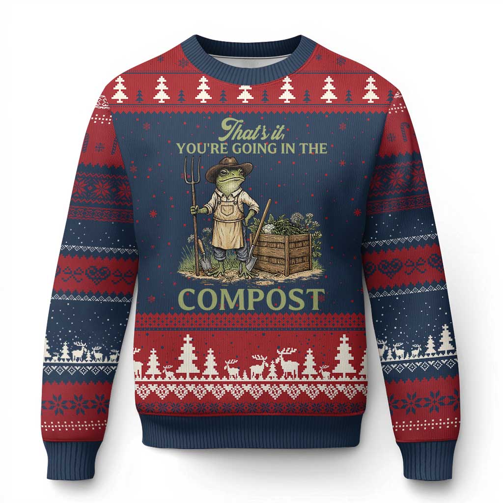 That's It You're Going in the Compost Ugly Christmas Sweater Funny Frog Gardener Meme TS14 Navy Red Print Your Wear