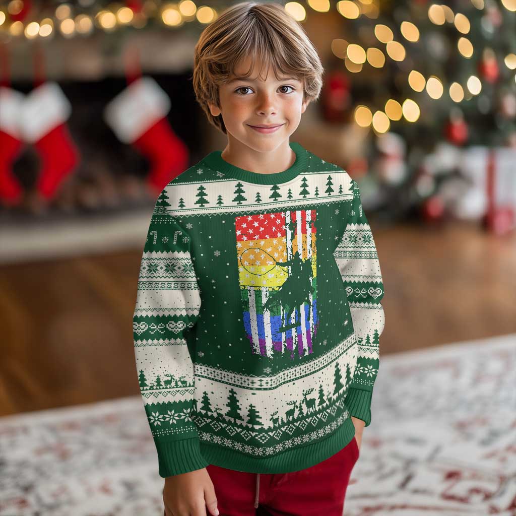Rodeo Gay Cowboy Western LGBTQ Rainbow Flag Ugly Christmas Sweater TS14 Forest Green Beige Print Your Wear