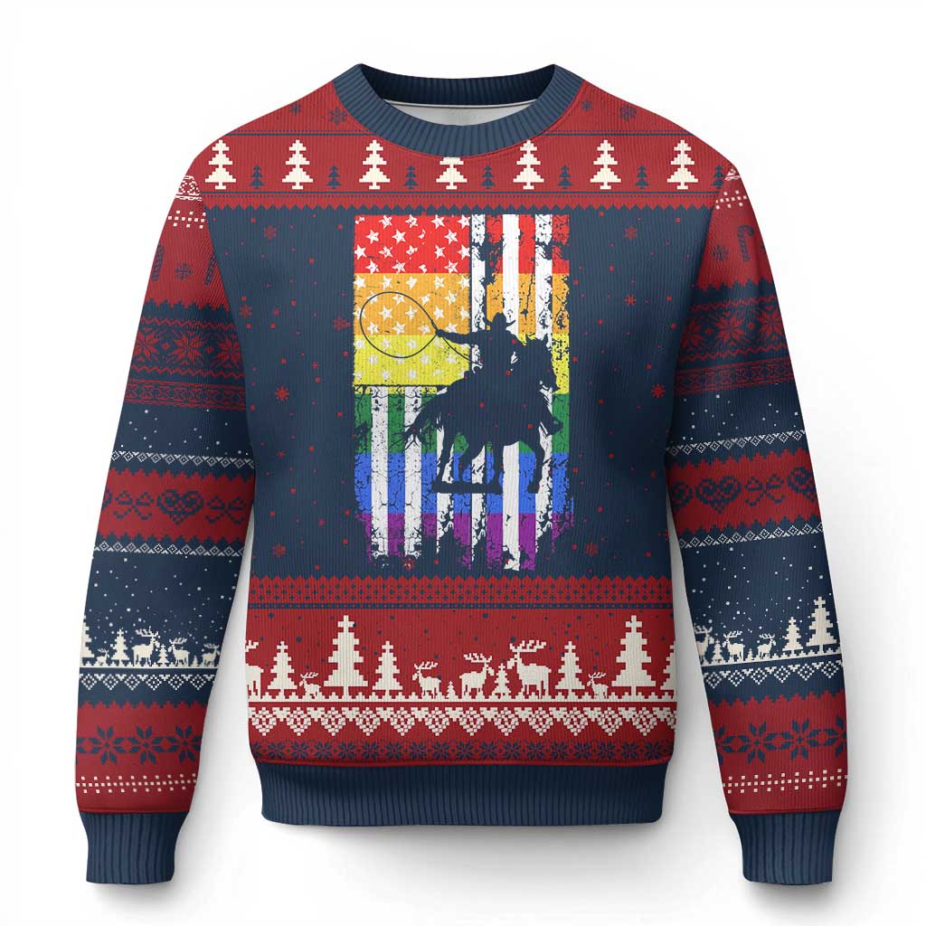 Rodeo Gay Cowboy Western LGBTQ Rainbow Flag Ugly Christmas Sweater TS14 Navy Red Print Your Wear