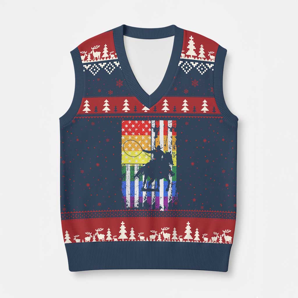 Rodeo Gay Cowboy Western LGBTQ Rainbow Flag V-Neck Knit Sweater Vest TS14 Navy Red Print Your Wear