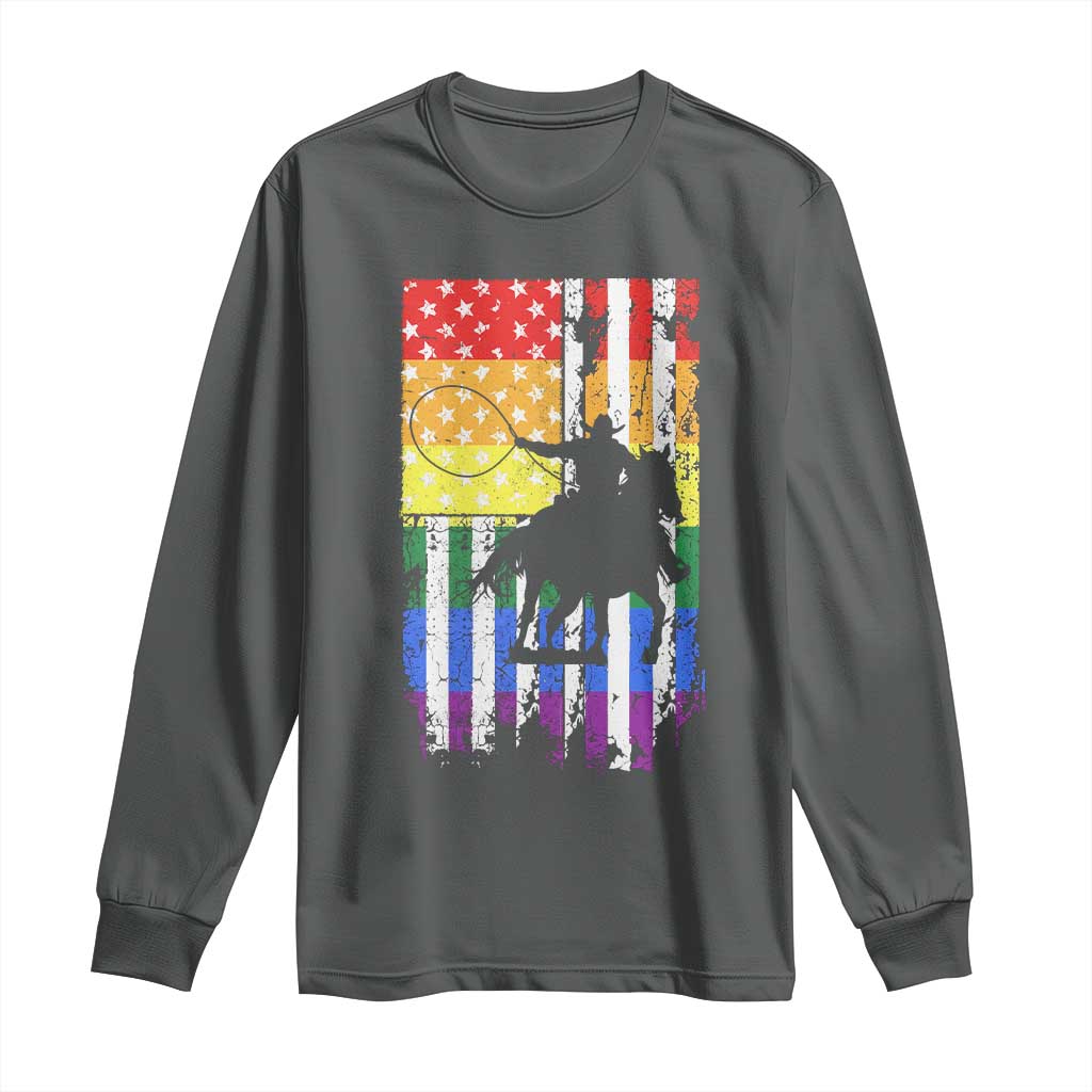 Rodeo Gay Cowboy Western LGBTQ Rainbow Flag Long Sleeve Shirt TS14 Dark Heather Print Your Wear