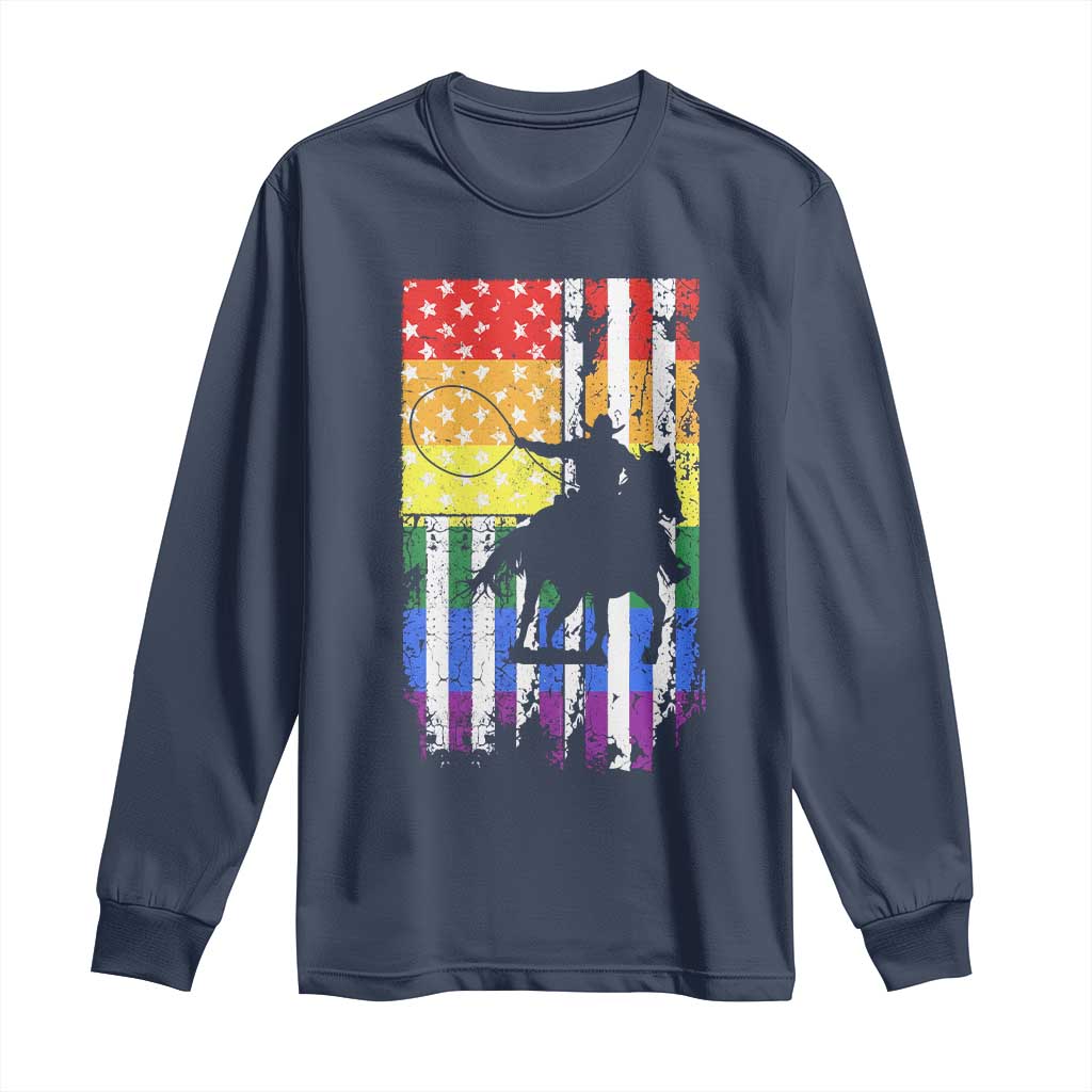 Rodeo Gay Cowboy Western LGBTQ Rainbow Flag Long Sleeve Shirt TS14 Navy Print Your Wear