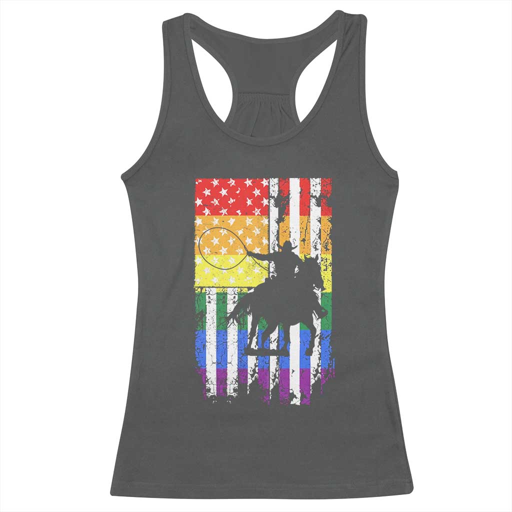 Rodeo Gay Cowboy Western LGBTQ Rainbow Flag Racerback Tank Top TS14 Dark Heather Print Your Wear