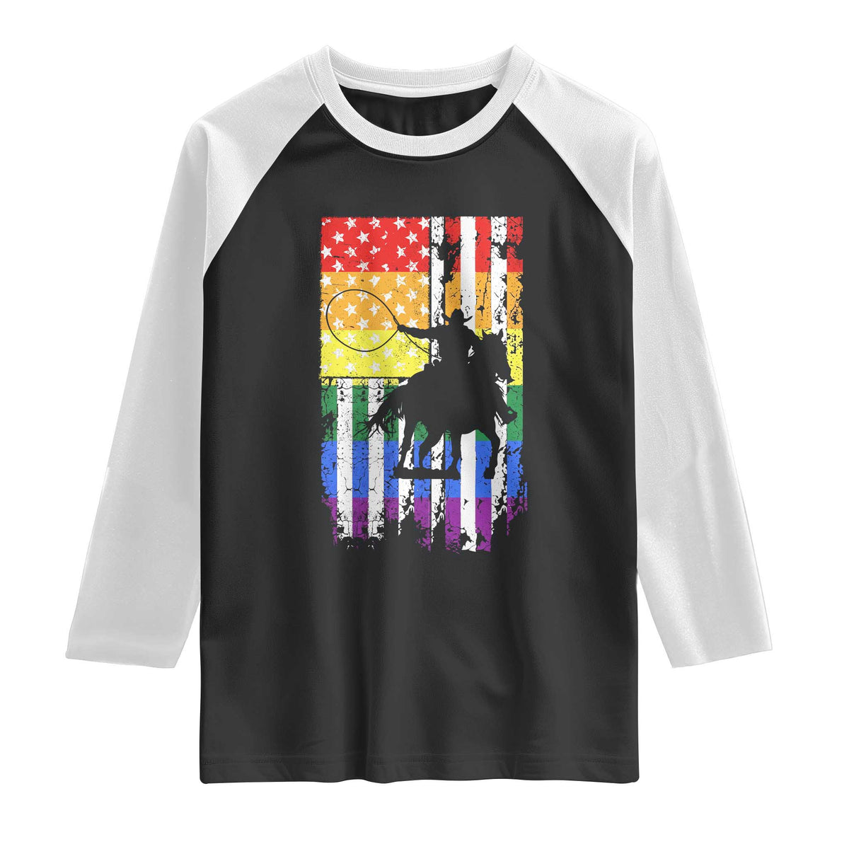 Rodeo Gay Cowboy Western LGBTQ Rainbow Flag Raglan Shirt TS14 Black White Print Your Wear