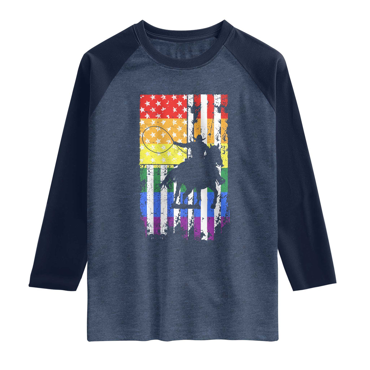 Rodeo Gay Cowboy Western LGBTQ Rainbow Flag Raglan Shirt TS14 Heather Denim Navy Print Your Wear