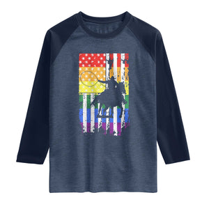 Rodeo Gay Cowboy Western LGBTQ Rainbow Flag Raglan Shirt TS14 Heather Denim Navy Print Your Wear