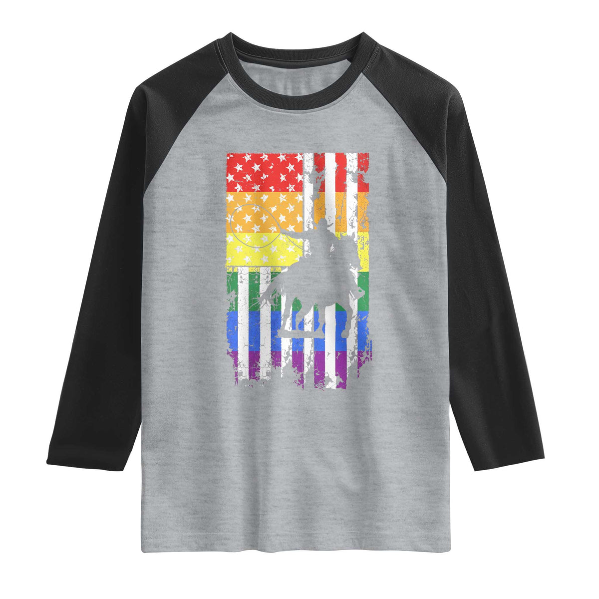 Rodeo Gay Cowboy Western LGBTQ Rainbow Flag Raglan Shirt TS14 Heather Gray Black Print Your Wear