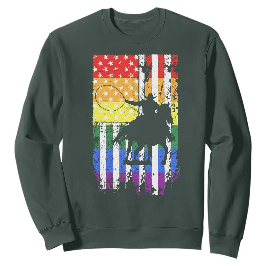 Rodeo Gay Cowboy Western LGBTQ Rainbow Flag Sweatshirt TS14 Dark Forest Green Print Your Wear
