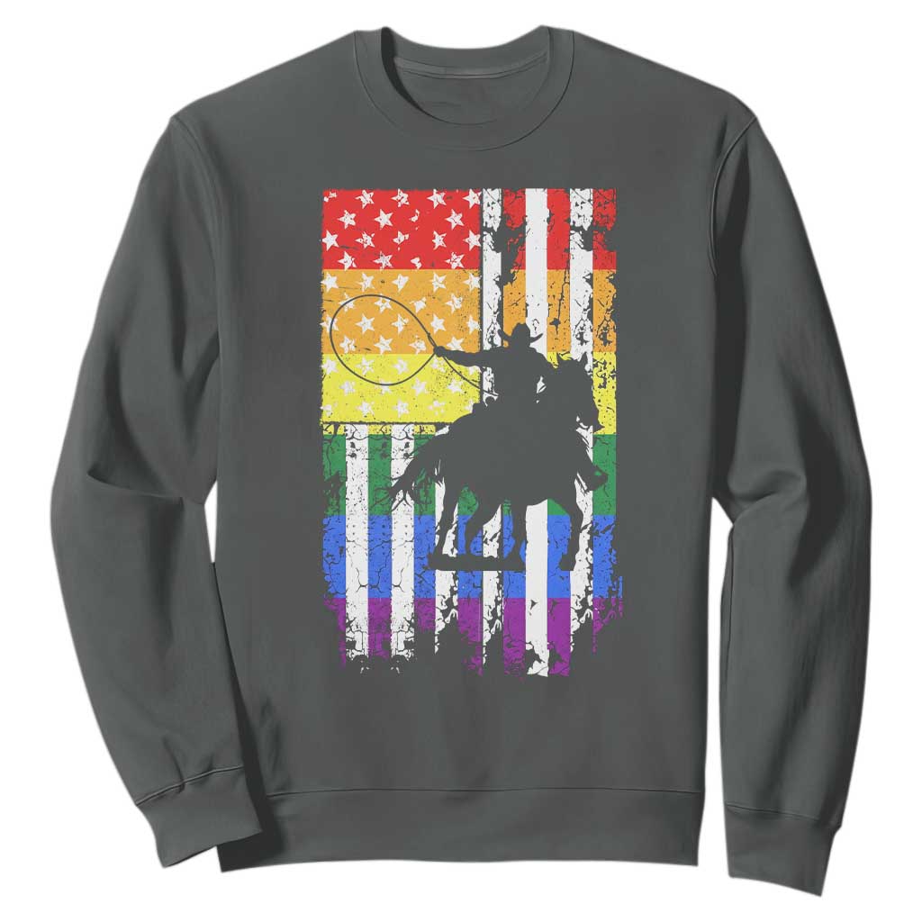 Rodeo Gay Cowboy Western LGBTQ Rainbow Flag Sweatshirt TS14 Dark Heather Print Your Wear