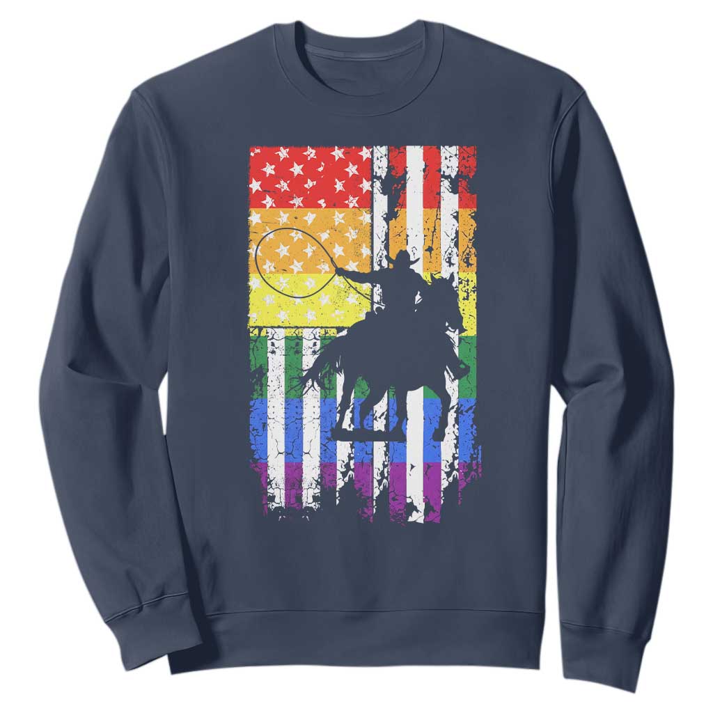 Rodeo Gay Cowboy Western LGBTQ Rainbow Flag Sweatshirt TS14 Navy Print Your Wear