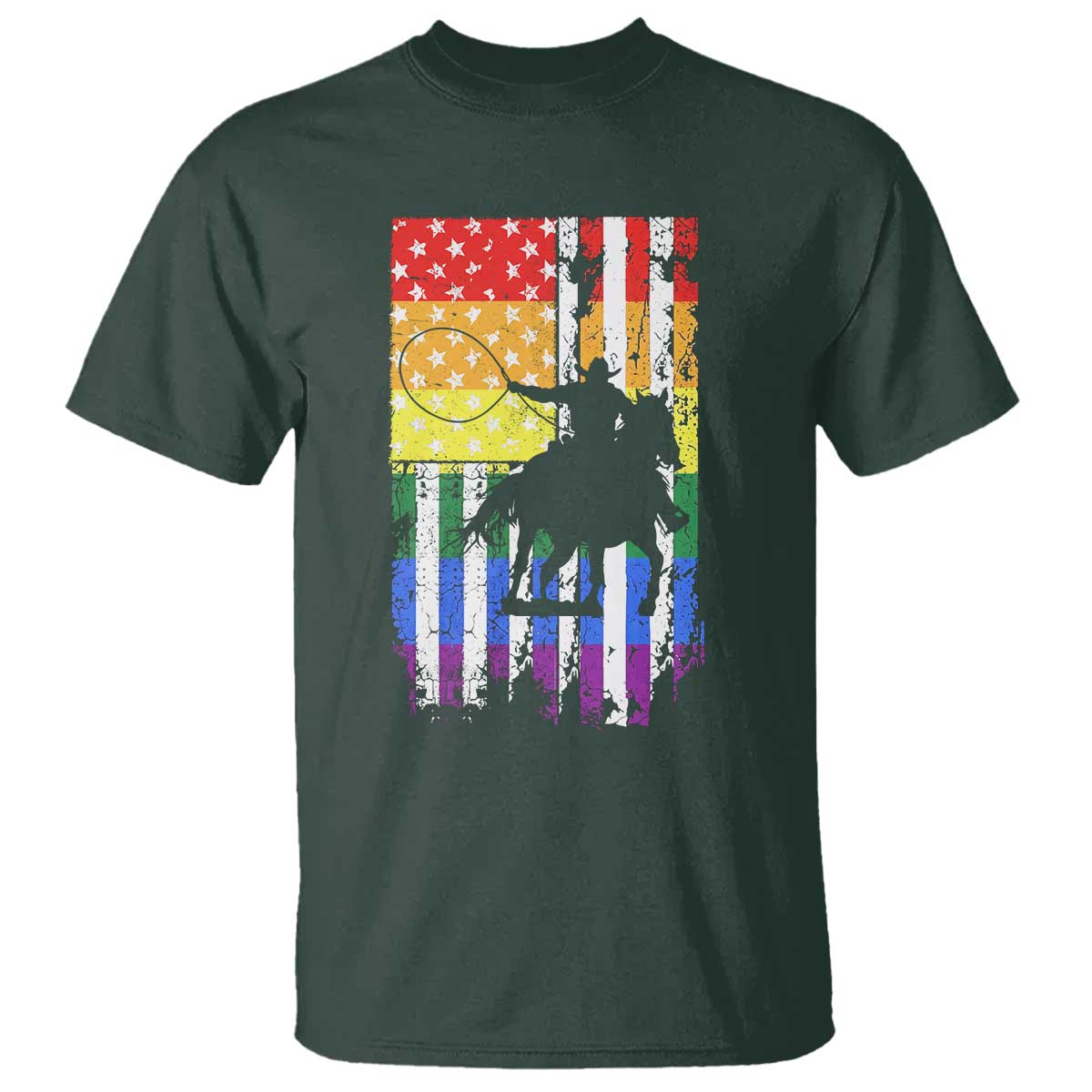 Rodeo Gay Cowboy Western LGBTQ Rainbow Flag T Shirt TS14 Dark Forest Green Print Your Wear