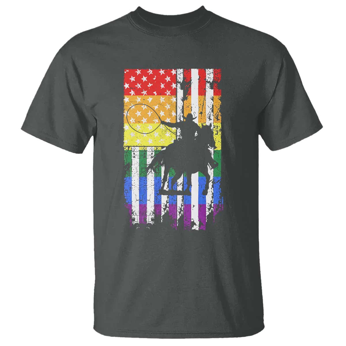 Rodeo Gay Cowboy Western LGBTQ Rainbow Flag T Shirt TS14 Dark Heather Print Your Wear