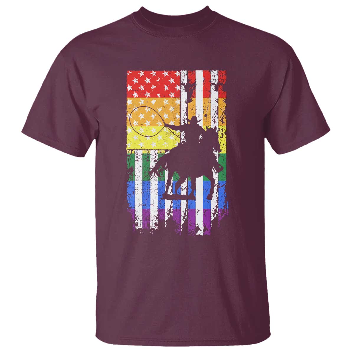 Rodeo Gay Cowboy Western LGBTQ Rainbow Flag T Shirt TS14 Maroon Print Your Wear