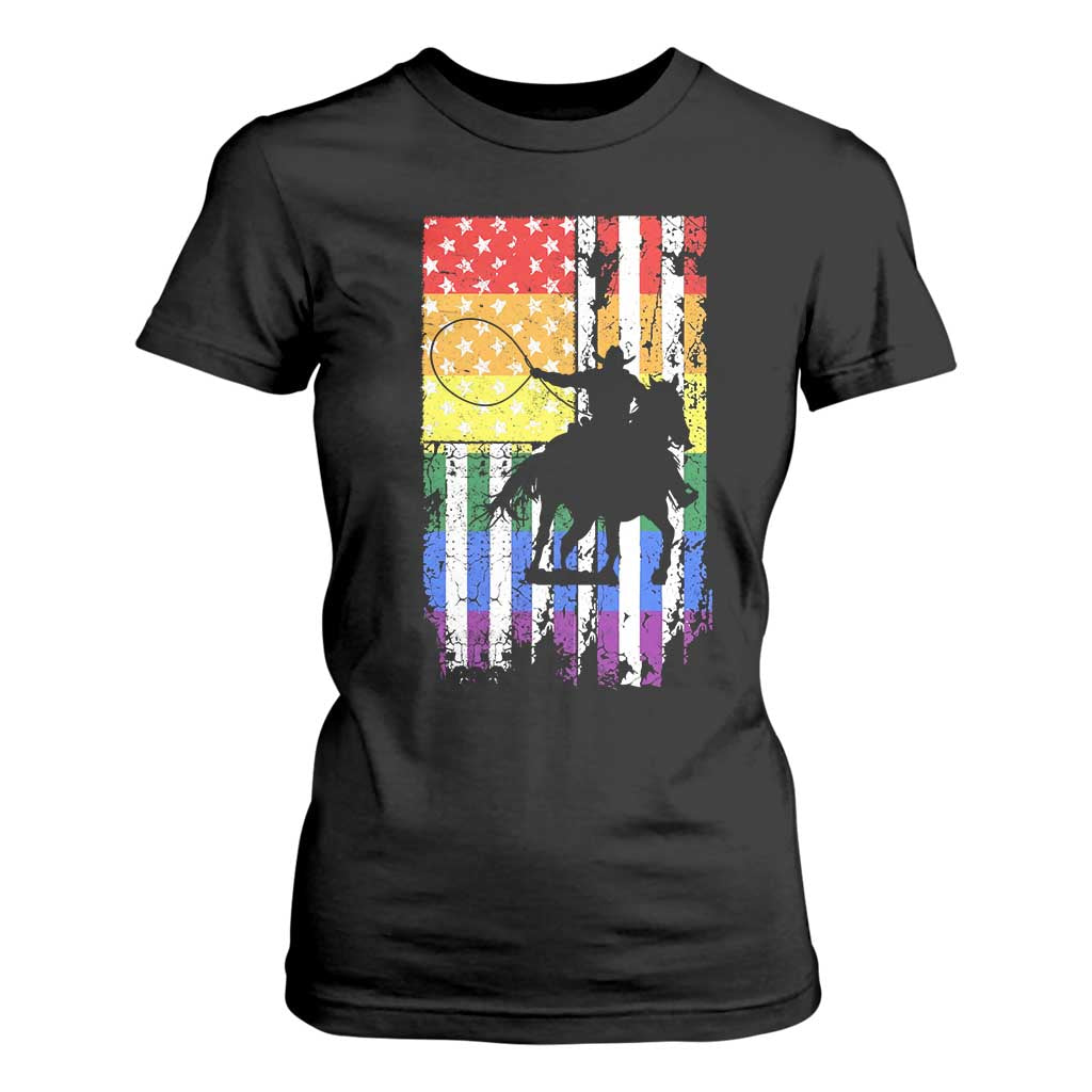 Rodeo Gay Cowboy Western LGBTQ Rainbow Flag T Shirt For Women TS14 Black Print Your Wear