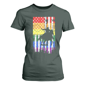 Rodeo Gay Cowboy Western LGBTQ Rainbow Flag T Shirt For Women TS14 Dark Forest Green Print Your Wear