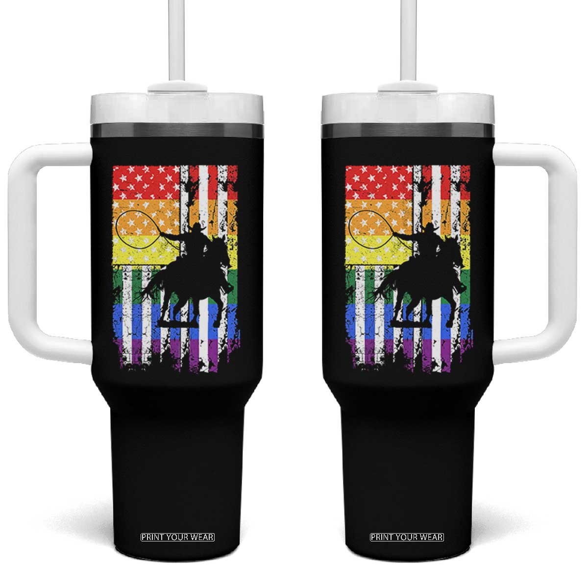 Rodeo Gay Cowboy Western LGBTQ Rainbow Flag Tumbler With Handle TS14 One Size: 40 oz Black Print Your Wear