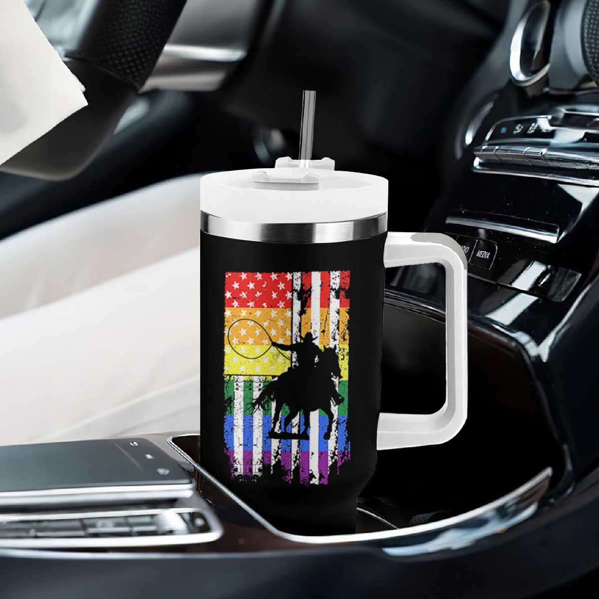 Rodeo Gay Cowboy Western LGBTQ Rainbow Flag Tumbler With Handle