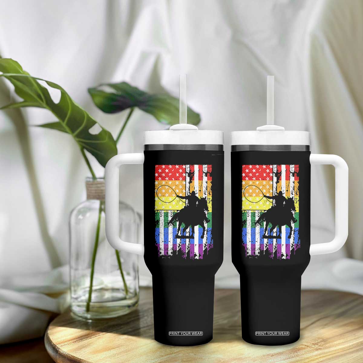 Rodeo Gay Cowboy Western LGBTQ Rainbow Flag Tumbler With Handle