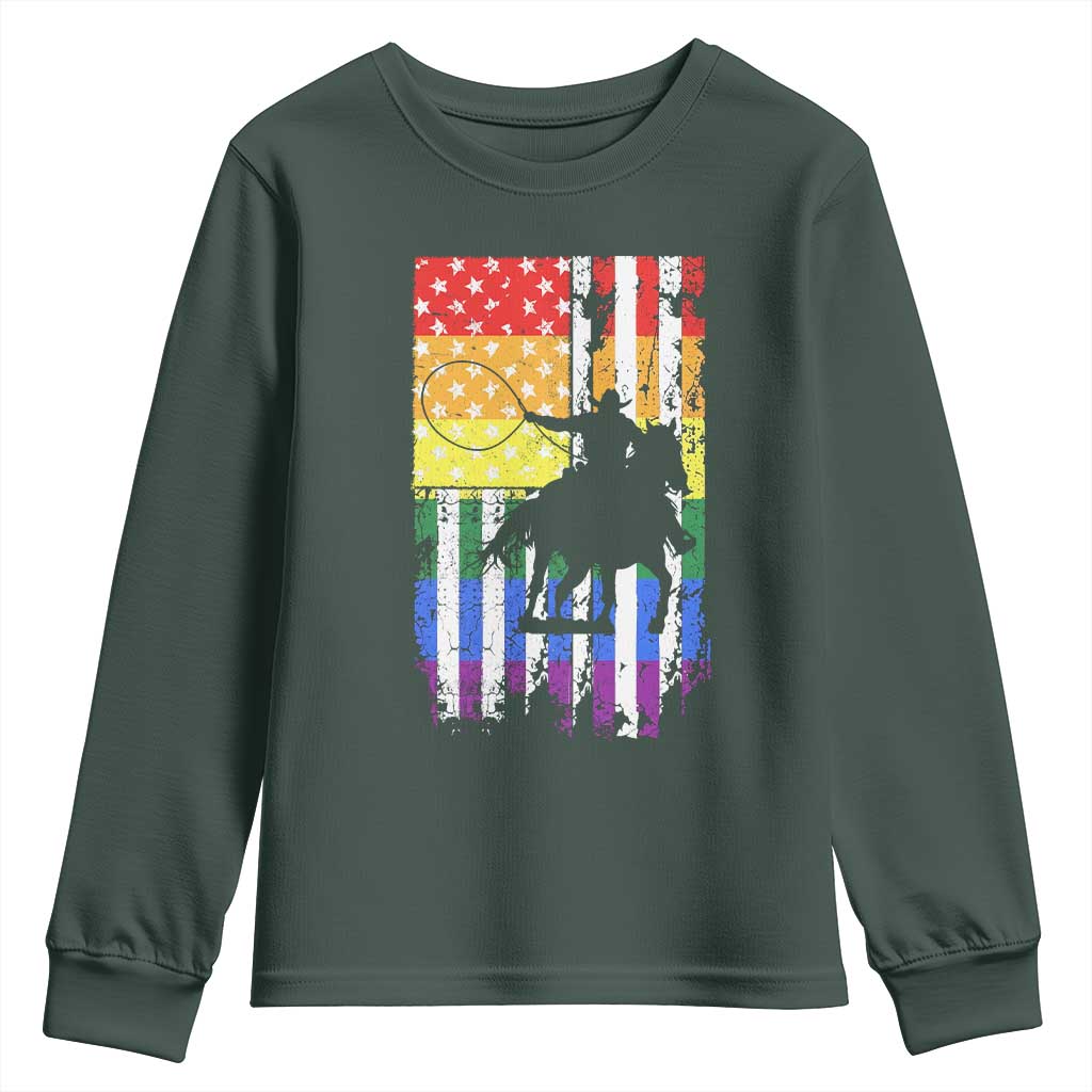 Rodeo Gay Cowboy Western LGBTQ Rainbow Flag Youth Sweatshirt TS14 Dark Forest Green Print Your Wear