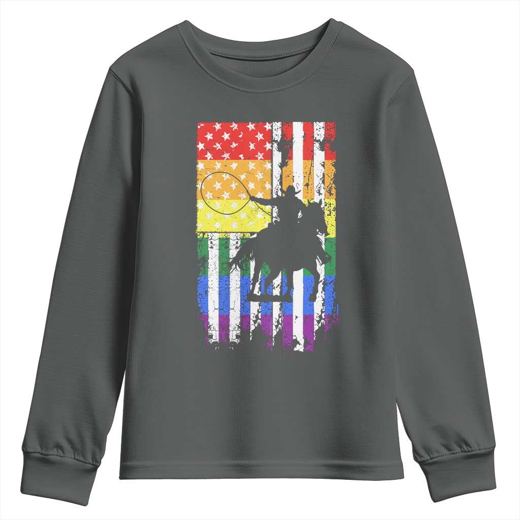 Rodeo Gay Cowboy Western LGBTQ Rainbow Flag Youth Sweatshirt TS14 Dark Heather Print Your Wear