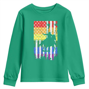 Rodeo Gay Cowboy Western LGBTQ Rainbow Flag Youth Sweatshirt TS14 Irish Green Print Your Wear