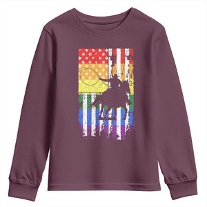 Rodeo Gay Cowboy Western LGBTQ Rainbow Flag Youth Sweatshirt TS14 Maroon Print Your Wear