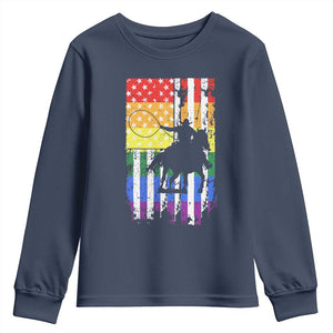 Rodeo Gay Cowboy Western LGBTQ Rainbow Flag Youth Sweatshirt TS14 Navy Print Your Wear