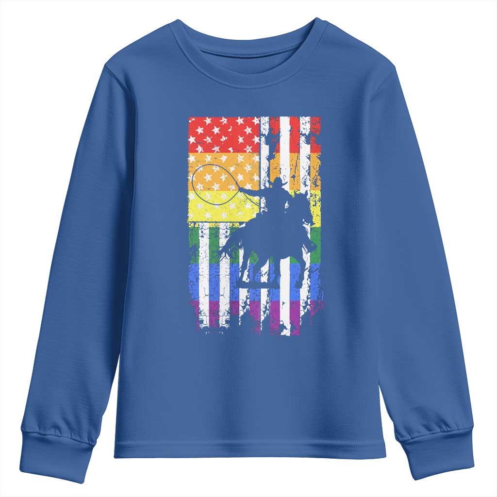 Rodeo Gay Cowboy Western LGBTQ Rainbow Flag Youth Sweatshirt TS14 Royal Blue Print Your Wear
