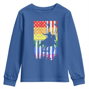Rodeo Gay Cowboy Western LGBTQ Rainbow Flag Youth Sweatshirt TS14 Royal Blue Print Your Wear