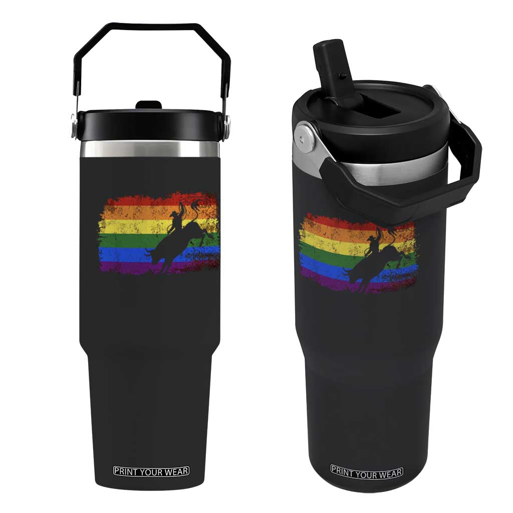 Rodeo Cowboy Bull Rider Western LGBTQ Rainbow Flag Flip Straw Tumbler TS14 One Size: 30 oz Black Print Your Wear