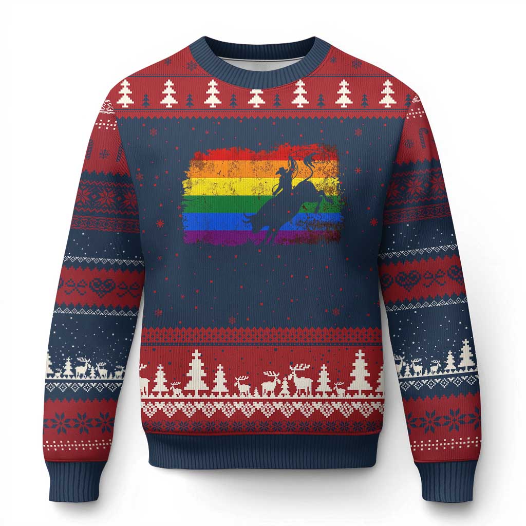 Rodeo Cowboy Bull Rider Western LGBTQ Rainbow Flag Ugly Christmas Sweater TS14 Navy Red Print Your Wear