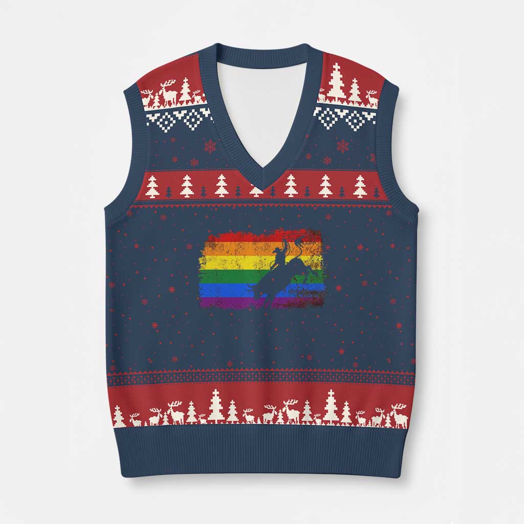 Rodeo Cowboy Bull Rider Western LGBTQ Rainbow Flag V-Neck Knit Sweater Vest TS14 Navy Red Print Your Wear