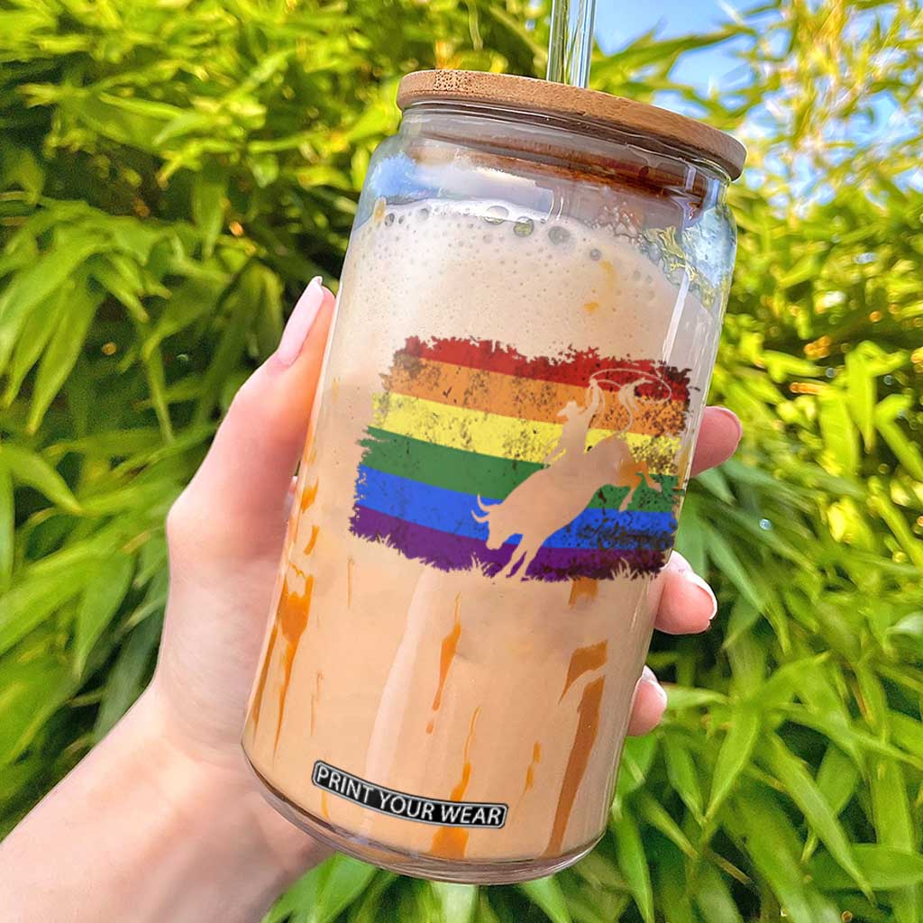 Rodeo Cowboy Bull Rider Western LGBTQ Rainbow Flag Glass Can TS14 Black Print Your Wear