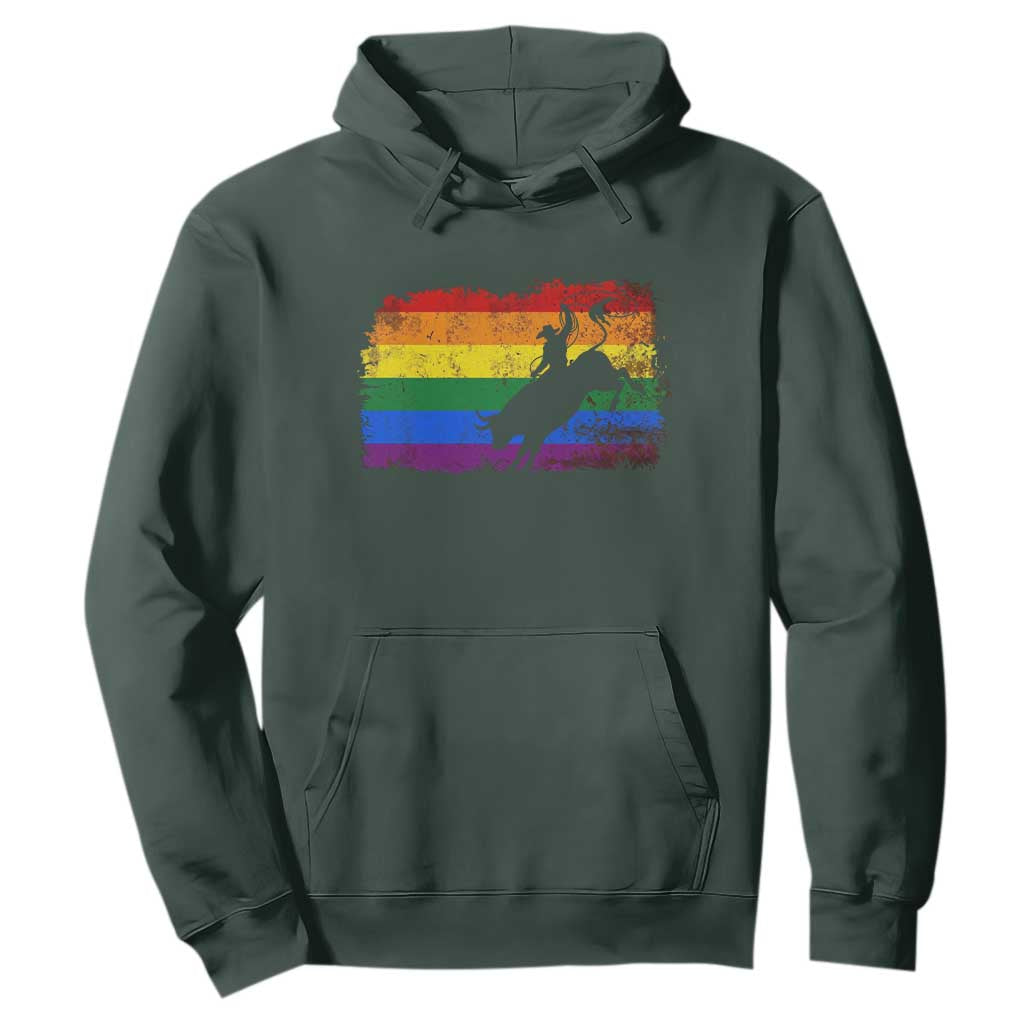 Rodeo Cowboy Bull Rider Western LGBTQ Rainbow Flag Hoodie TS14 Dark Forest Green Print Your Wear