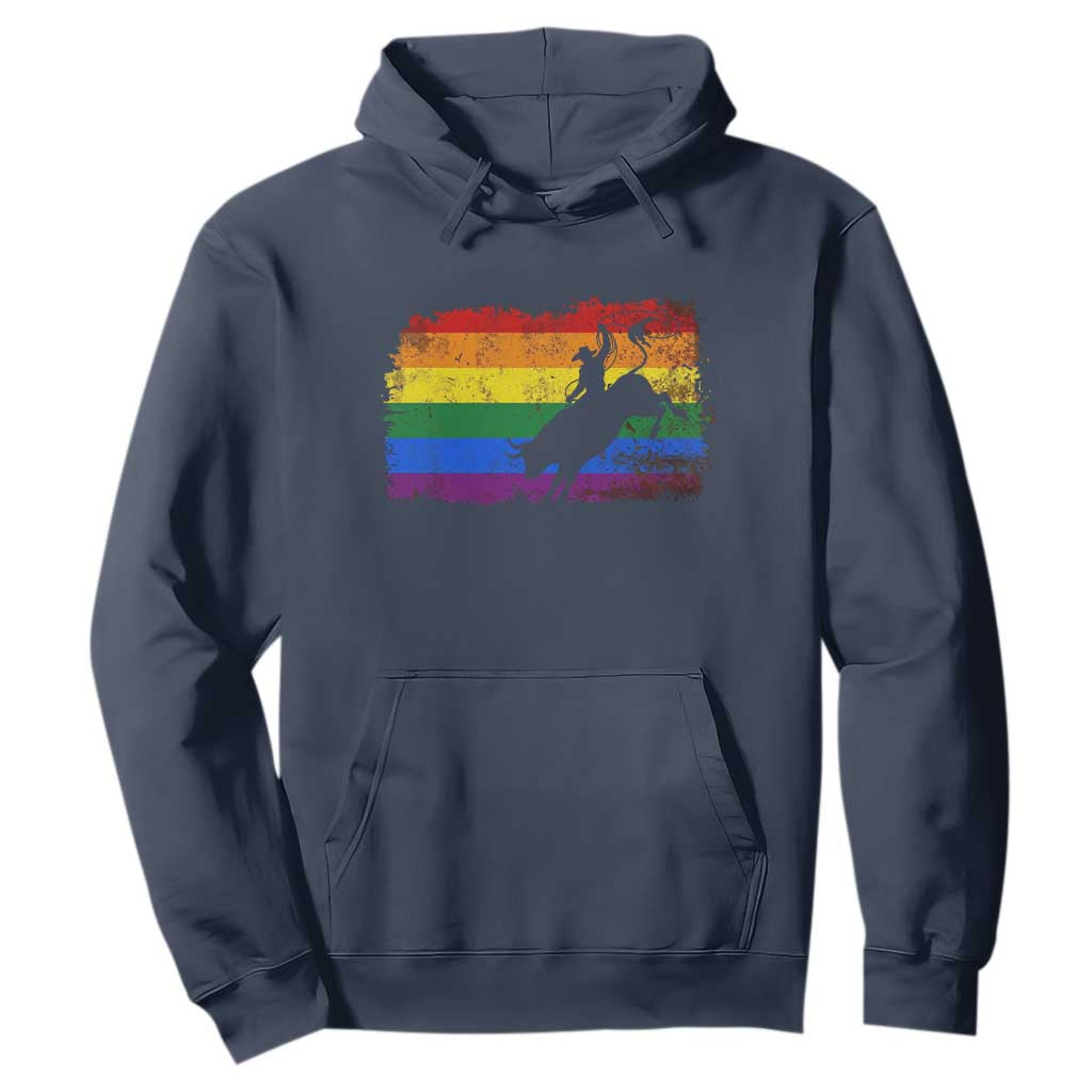 Rodeo Cowboy Bull Rider Western LGBTQ Rainbow Flag Hoodie TS14 Navy Print Your Wear