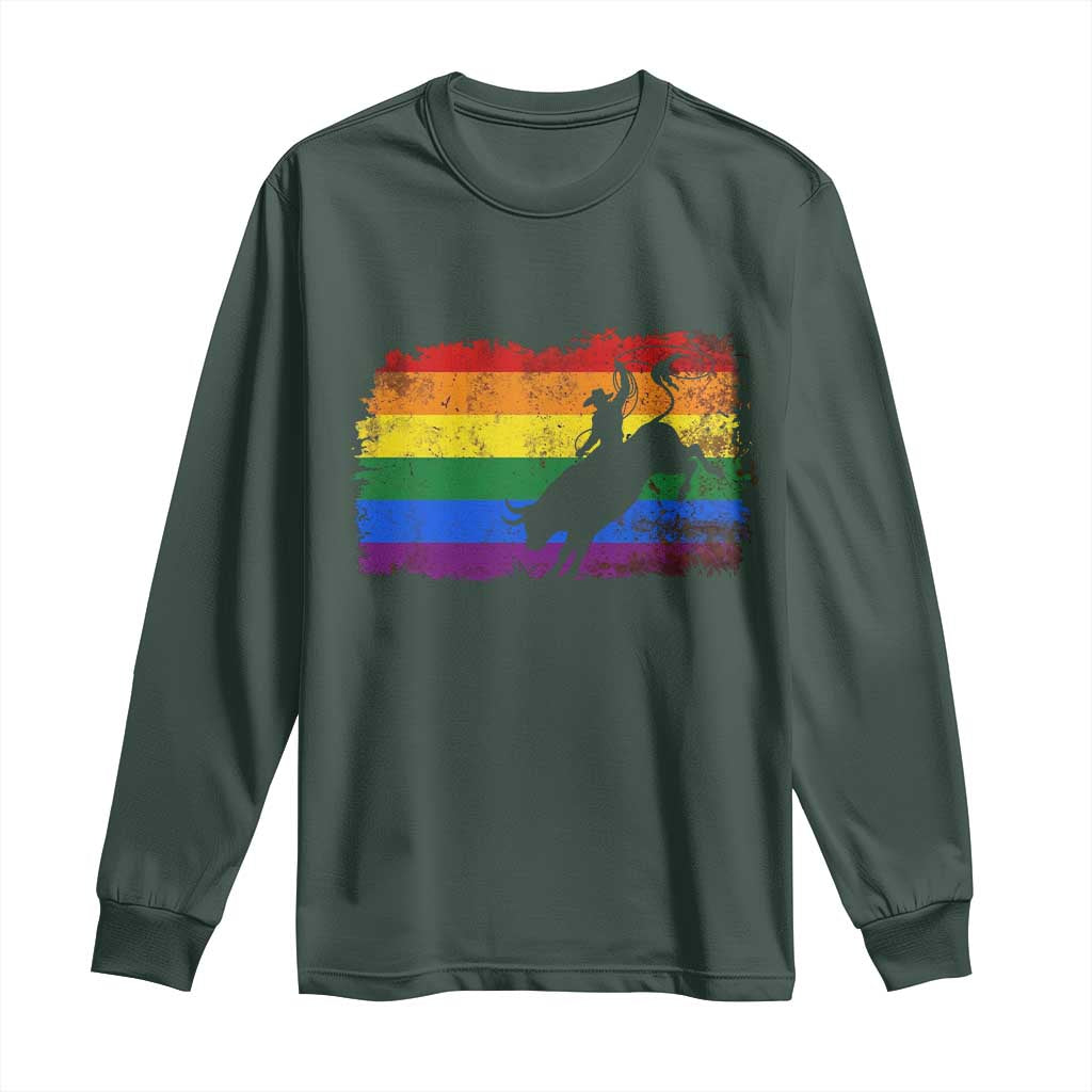 Rodeo Cowboy Bull Rider Western LGBTQ Rainbow Flag Long Sleeve Shirt TS14 Dark Forest Green Print Your Wear