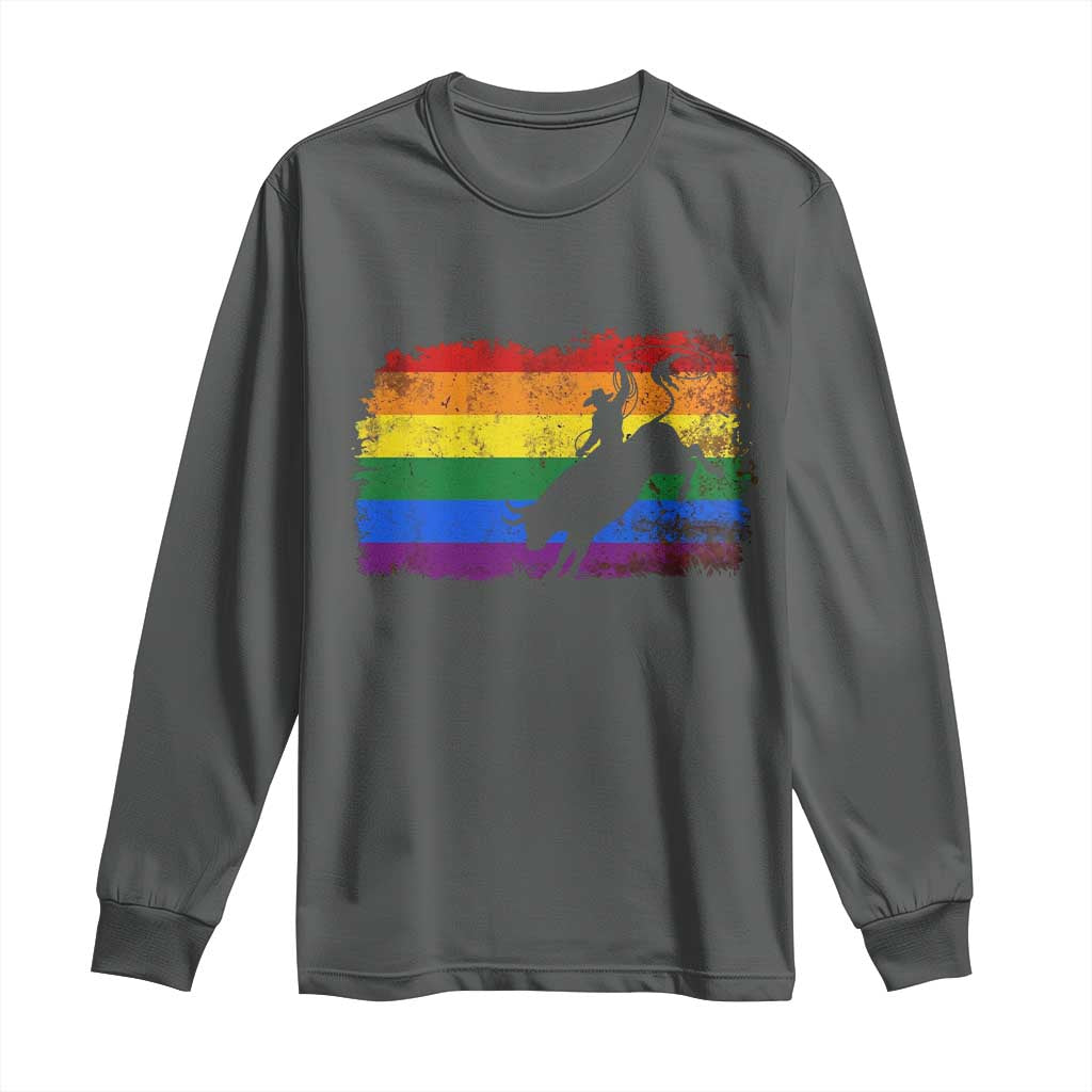 Rodeo Cowboy Bull Rider Western LGBTQ Rainbow Flag Long Sleeve Shirt