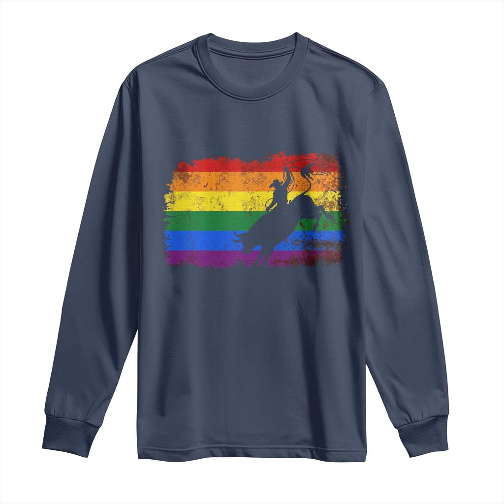 Rodeo Cowboy Bull Rider Western LGBTQ Rainbow Flag Long Sleeve Shirt