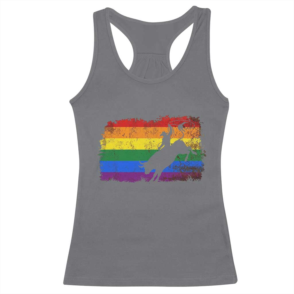 Rodeo Cowboy Bull Rider Western LGBTQ Rainbow Flag Racerback Tank Top TS14 Charcoal Print Your Wear