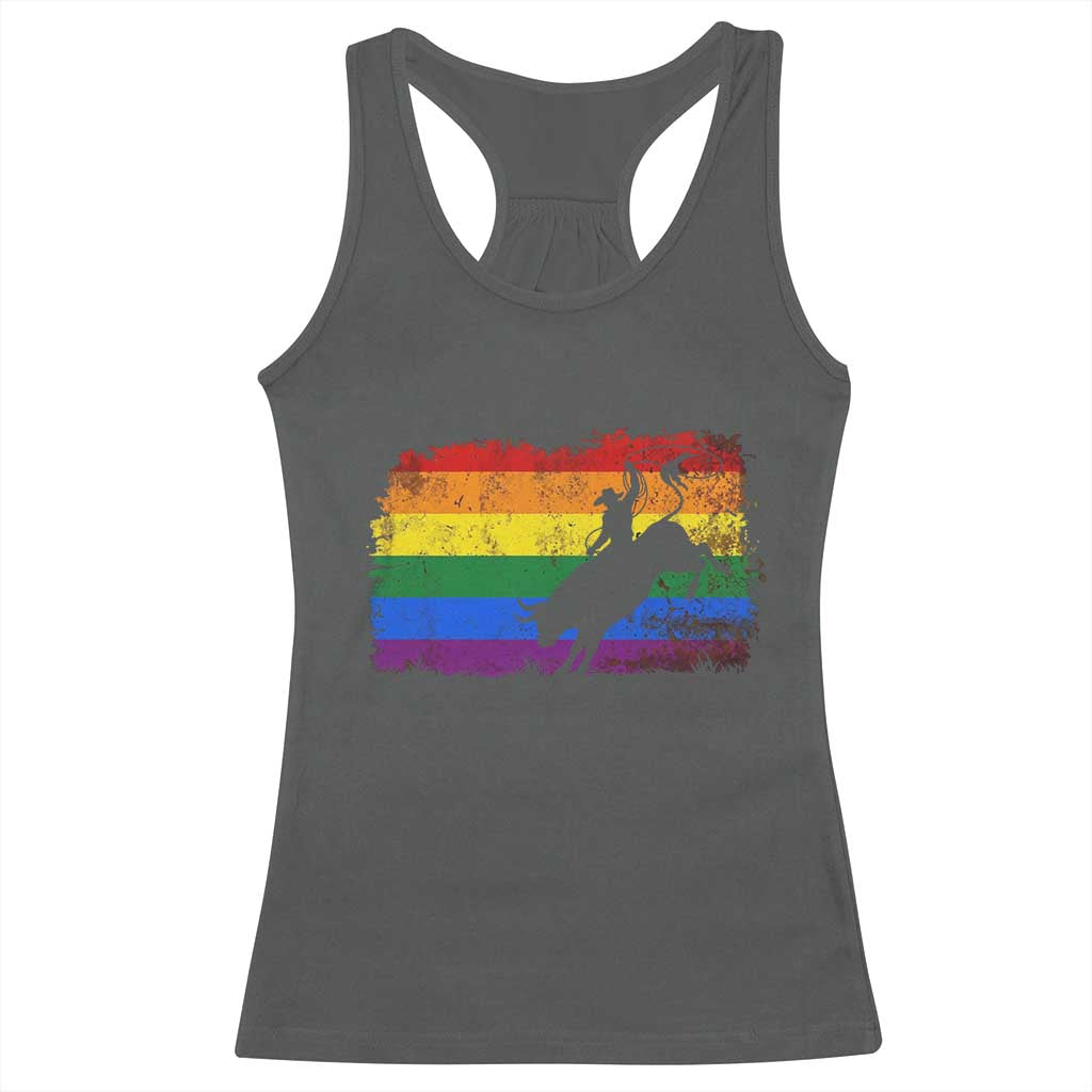 Rodeo Cowboy Bull Rider Western LGBTQ Rainbow Flag Racerback Tank Top TS14 Dark Heather Print Your Wear