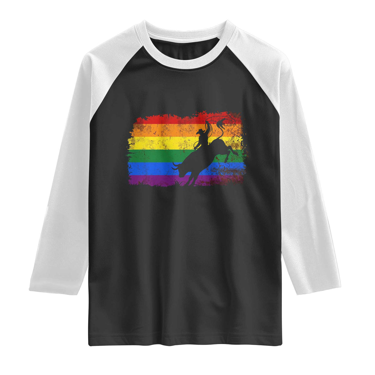 Rodeo Cowboy Bull Rider Western LGBTQ Rainbow Flag Raglan Shirt TS14 Black White Print Your Wear