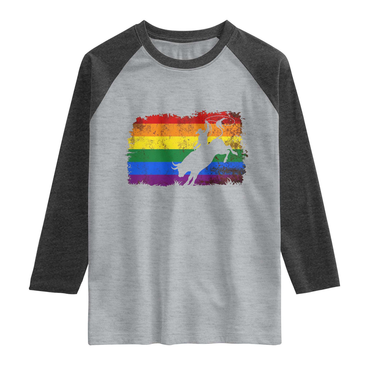 Rodeo Cowboy Bull Rider Western LGBTQ Rainbow Flag Raglan Shirt TS14 Heather Gray Heather Charcoal Print Your Wear