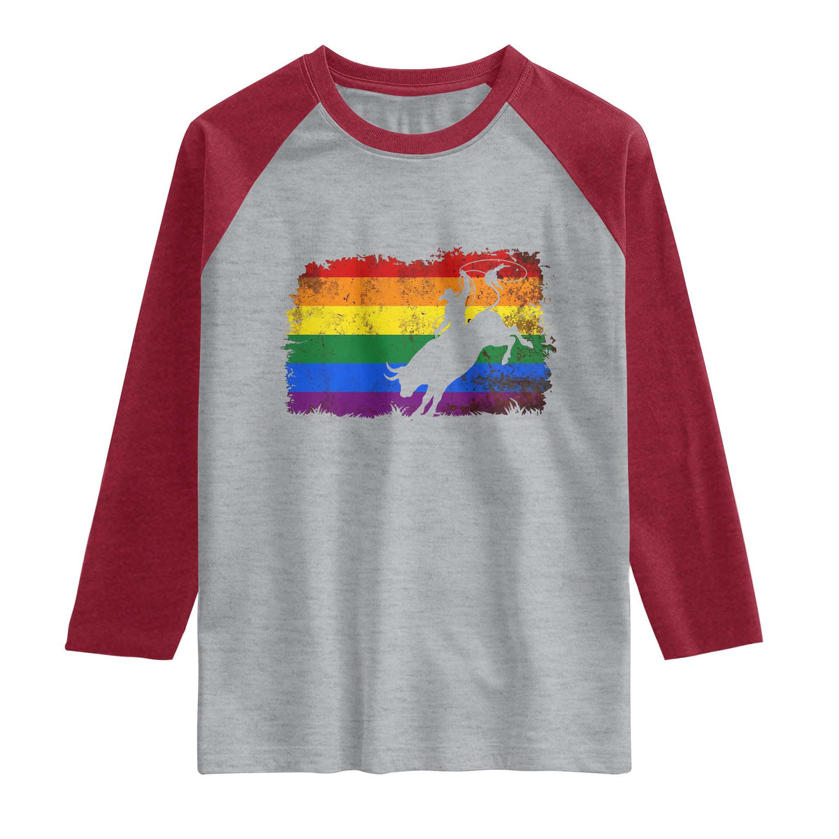 Rodeo Cowboy Bull Rider Western LGBTQ Rainbow Flag Raglan Shirt TS14 Heather Gray Heather Red Print Your Wear