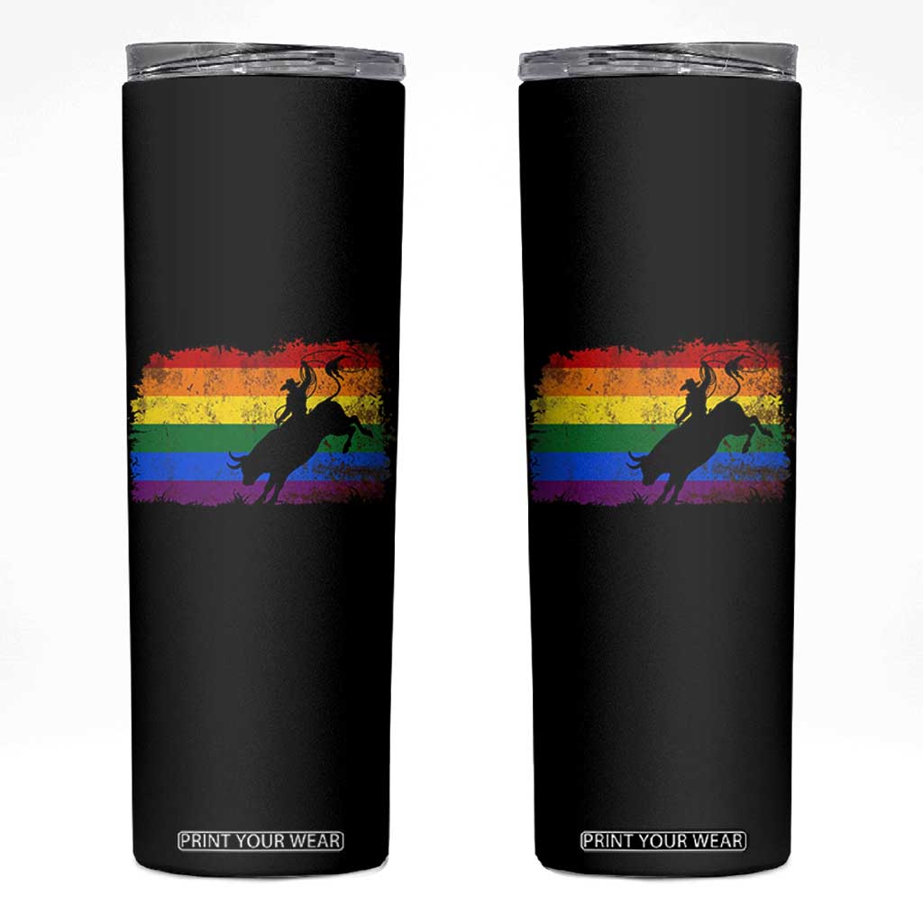 Rodeo Cowboy Bull Rider Western LGBTQ Rainbow Flag Skinny Tumbler